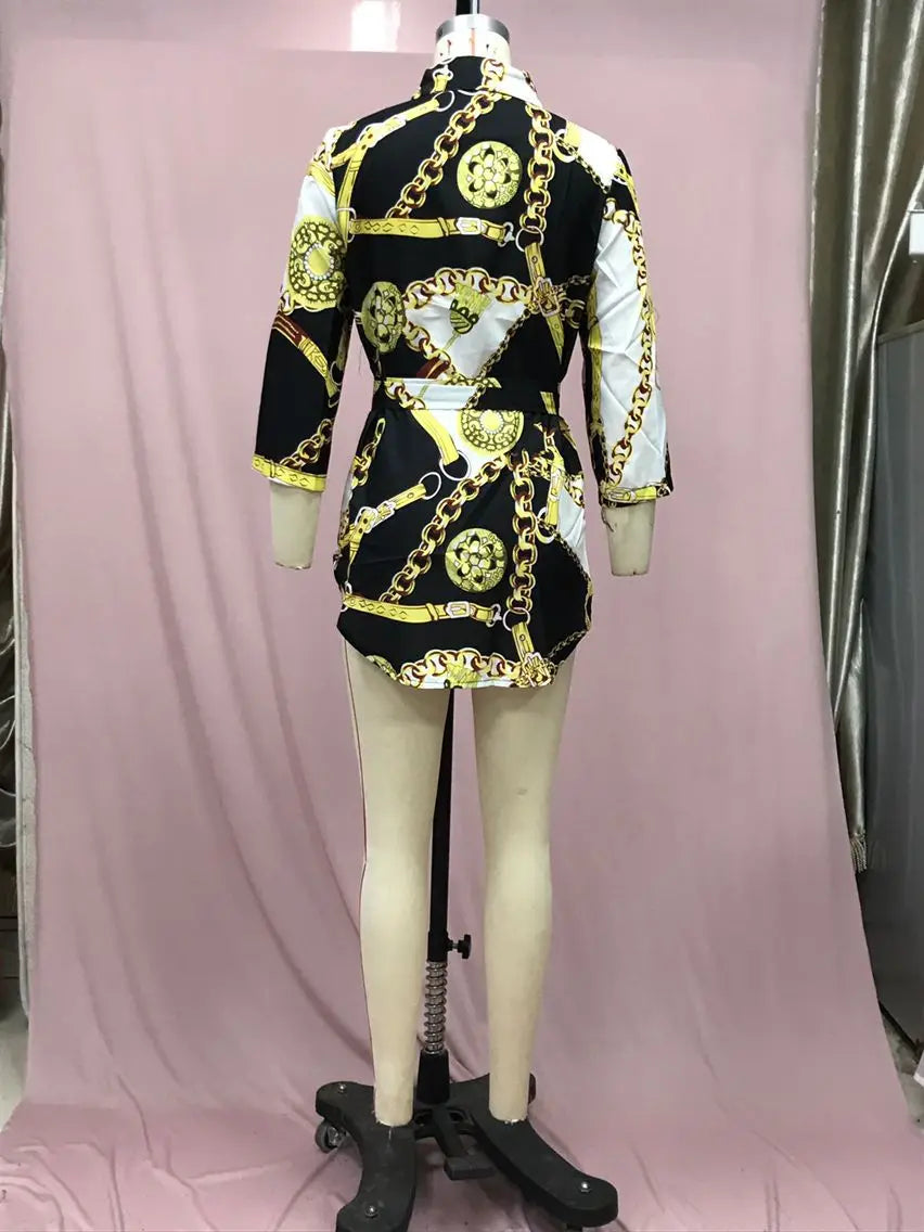 2024 Autumn New Women's Dress Fashionable Sexy Gold Chain Slim Fit Printed Single Breasted Lace Up Waist Cinching Short Skirt