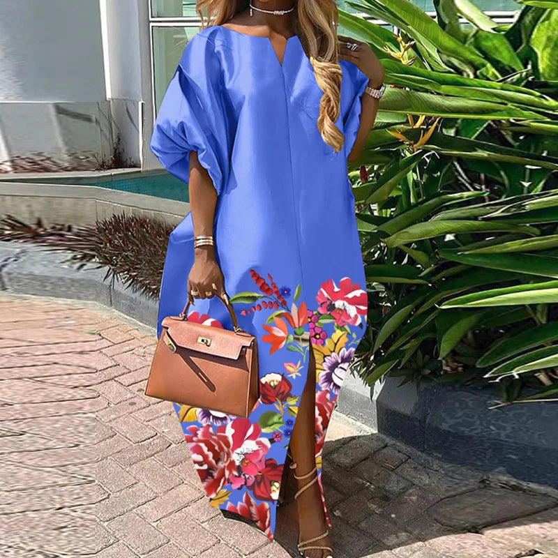 Übergröße 5XL Damen Böhmisches Satin Seide Maxi Langes Kleid 2025 Sommer Strandkleid Elegant V-Ausschnitt Vestidos Lässiges Weites Robe Femme