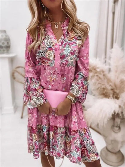 Casual Floral Print Dresses For Women  Sping Summer Boho V Neck Loose A Line Dress Elegant Beach Party Dress Robe Femme