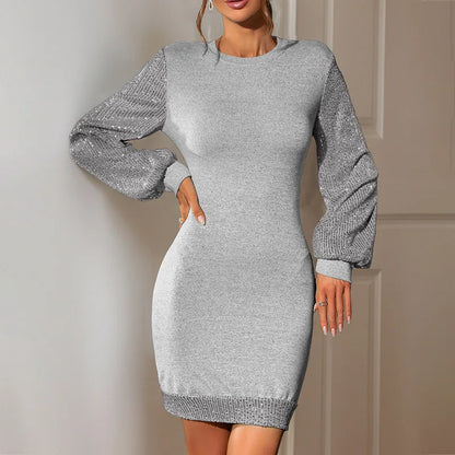 Autumn New Party Dress Sexy Sequin Long Sleeved Patchwork Solid Color Slim Fit Hip Hugging Knitted Frock Dresses  Woman
