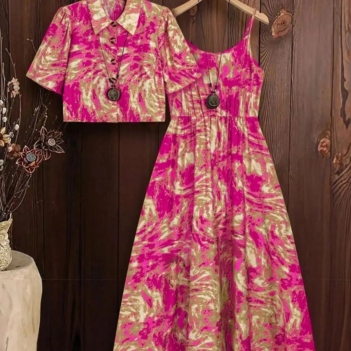 Plus Size Tanktop-Kleid und Oberteil-Set mit Marmormuster, lässiges ärmelloses Kleid und Oberteil, zweiteilige Damen-Outfits für alle Jahreszeiten