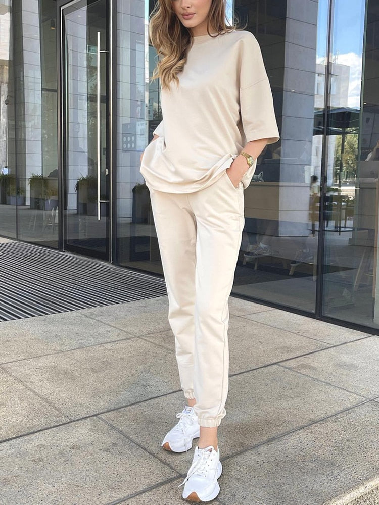 Summer Women's Suit Cotton 100% Trousers Classic Outfit Loose Oversize Two Piece Set Women Top and Pants Casual Tracksuit Female