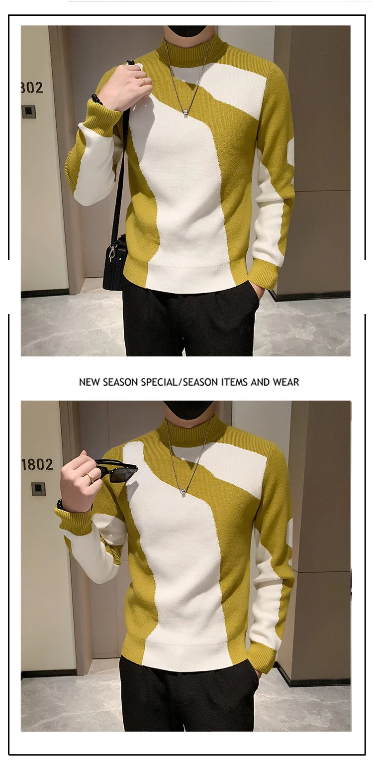 2023 Autumn/Winter Colored Half Turtleneck Sweater Men Long Sleeve Slim Fit Casual Pullover Social Underlying Knitwear Tops