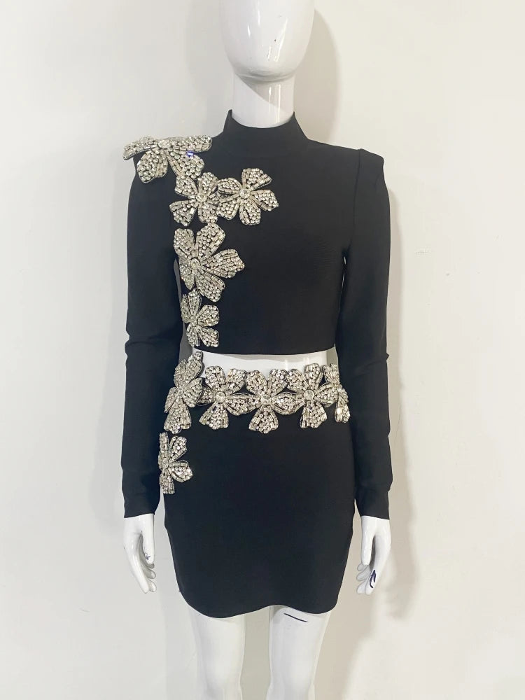 Sexy Long Sleeves Bandage 2-Piece Sets Women Turtleneck Shiny Diamonds Flower Top + Bodycon Mini  Skirts Suits Evening Party Set