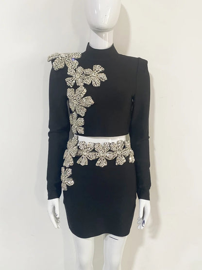 Sexy Long Sleeves Bandage 2-Piece Sets Women Turtleneck Shiny Diamonds Flower Top + Bodycon Mini  Skirts Suits Evening Party Set