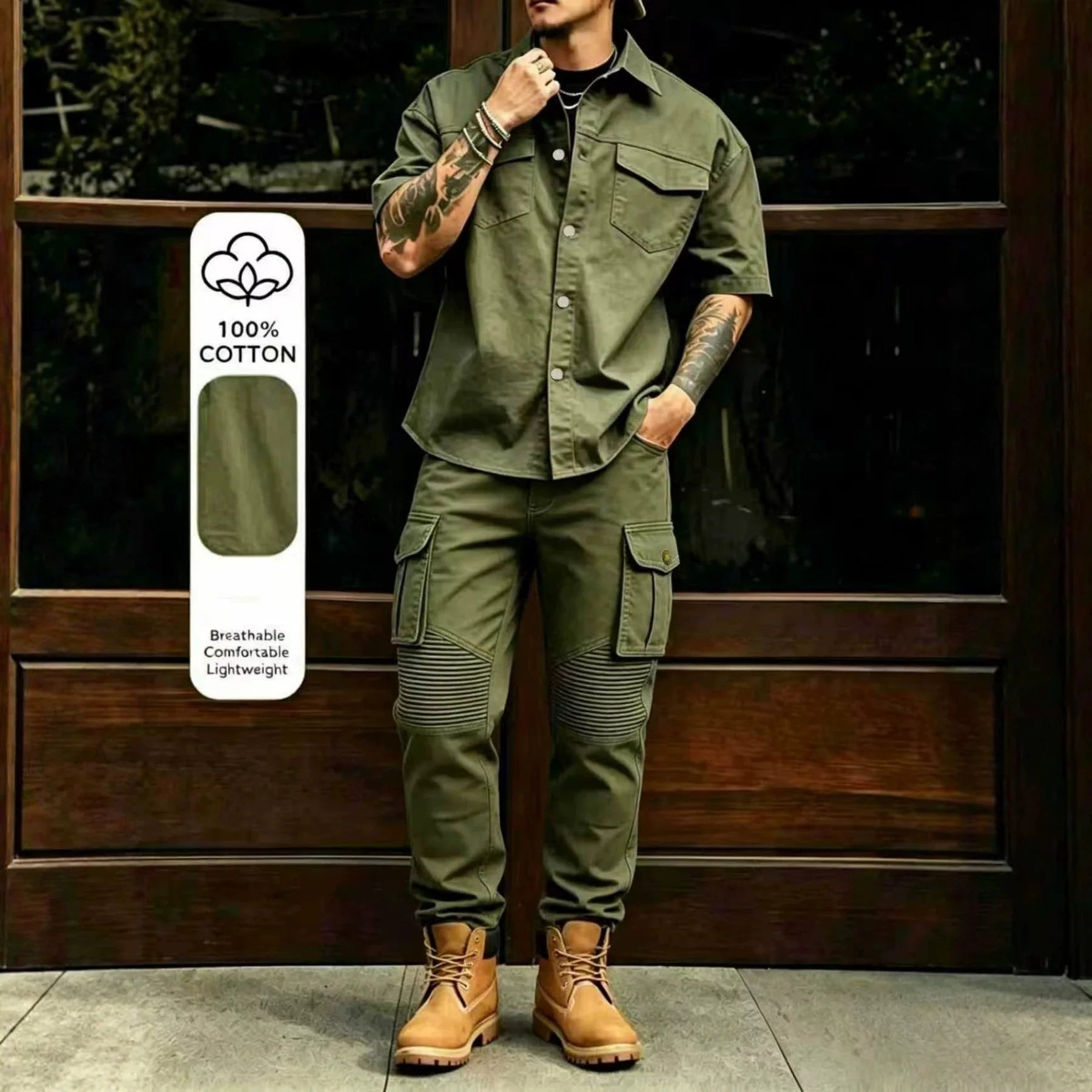 Men's Casual Workwear 100% Cotton Multi-Pocket Short-Sleeved Shirt Pants Set Male Cargo Overalls Streetwear Short Sleeve Button