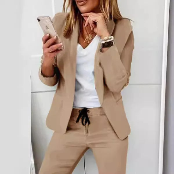 Women's Monochrome Casual Business Suit Temperament Commuting Pants Drawstring Elastic Waist Fashion Slit Suit Two-piece Set