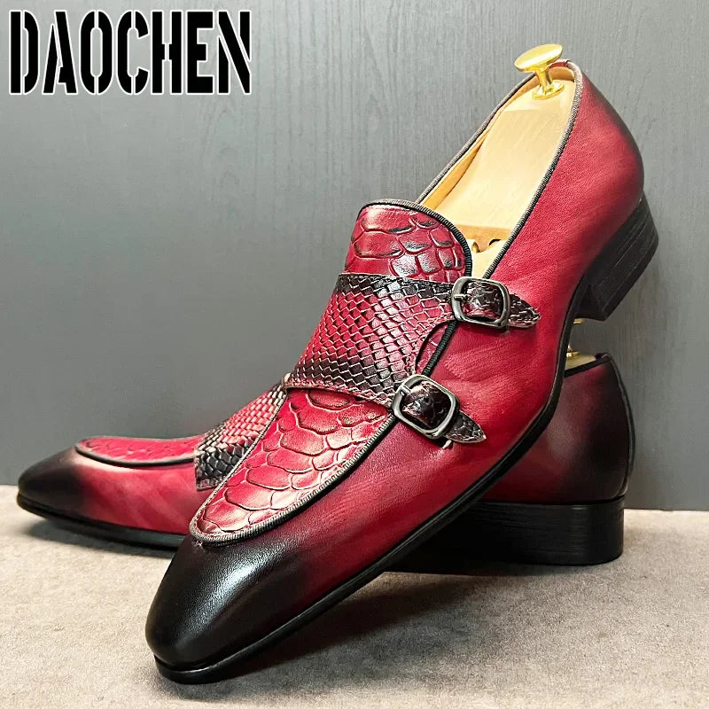 Luxury Men Leather Shoes Black Red Snake Prints Casual Mens Dress Shoes Wedding Office Double Monk Strap Shoes For Men