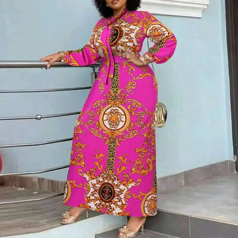 VONDA Maxi Dress 2024 Summer Women Bohemian Printed Party Sundress Long Sleeve Stand Collar Casual Robe Holiday Vestidos Belted