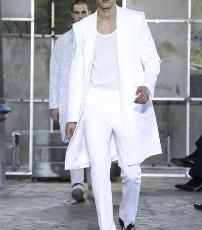 Summer Long Jacket White Trousers Groom Tuxedos Wedding Suits for Men Peaked Lapel Man Blazers 2 Pieces Coat Pants Prom