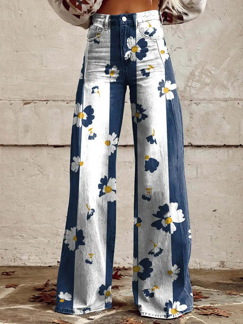 Plus Size 3D Fashionable Women's Pants Y2k Street Women's Clothing Women's Casual Pants Printed iMitation Jeans Wide Legs