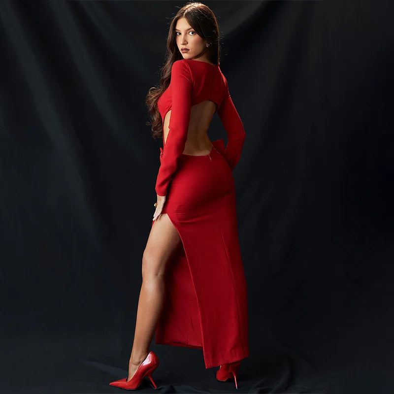 Gtpdpllt Elegant Split Red Bow Maxi Dress Party Club Outfits for Women Christmas Sexy Backless Cut Out Long Sleeve Dresses