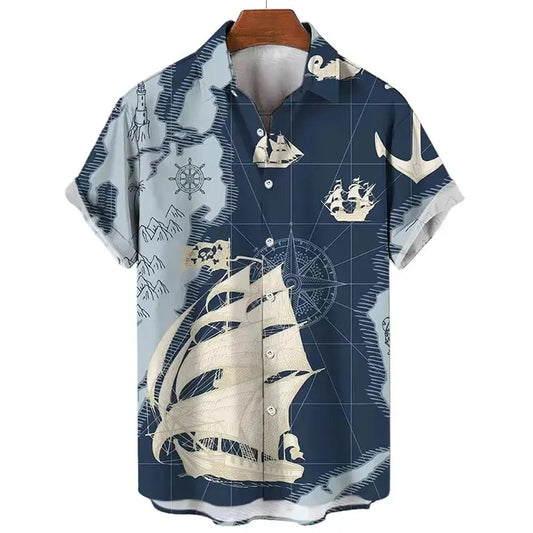 Men S Shirts Summer Fashion Nautical Graphic 3D Print Short Sleeve Casual Tops Beach Shirt For Men Oversized Loose Blouse