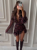 Sexy Flora Painted Ruffle Slim Dress Women Chic Full Sleeves Deep V-neck A-line Short Dresses 2026 Lady Night Club Street Gown