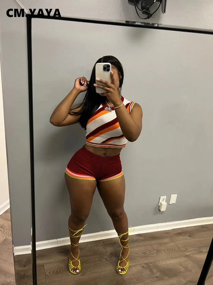 CM.YAYA Knit Ribbed Fashion Women's Set Striped Tank Top and Shorts Suit  Summer Chic Two 2 Piece Set Outfit Tracksuit