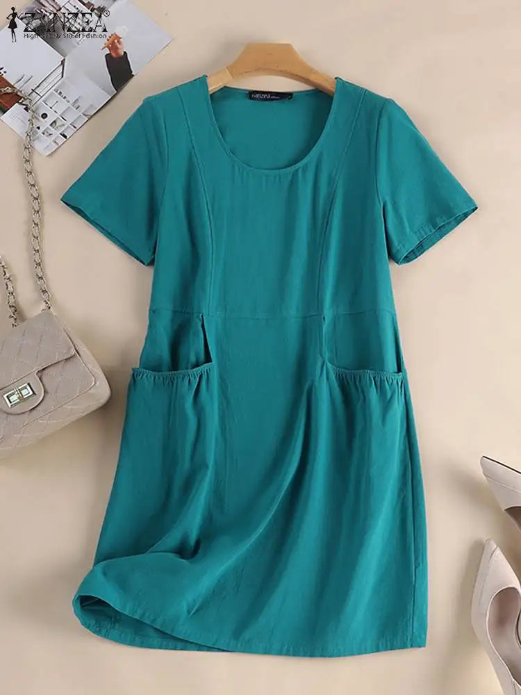 ZANZEA Summer Vintage Short Sleeve Knee-length Dress Women Fashion Solid Party Sundress Robe Femme Casual Pockets Vestido Kaftan