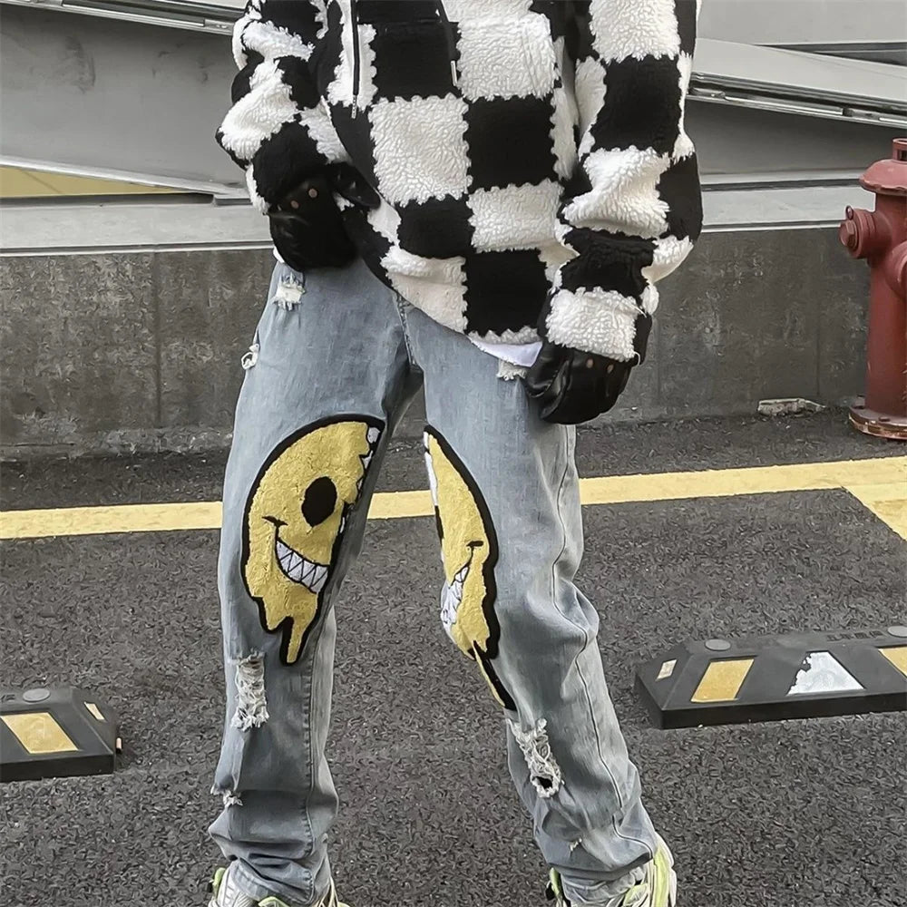 Irregular Ripped Hole Jeans Denim Pant Woman Man Straight Patchwork Baggy boyfriend y2k Punk Kpop Harajuku Streetwear Hip Hop