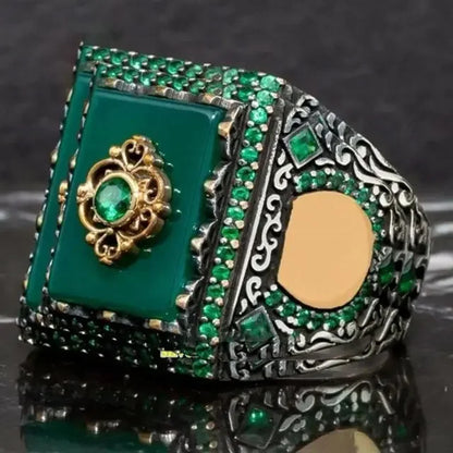 New Inlaid Emerald Men's Luxury Ring Personality Retro Domineering Personality Ring To Attend The Banquet Party Jewelry