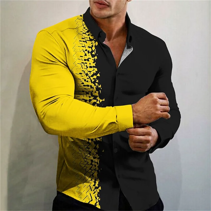 men's T-shirt suit button shirt half splicing trend new geometric flower clear pattern soft and comfortable shirt clothing