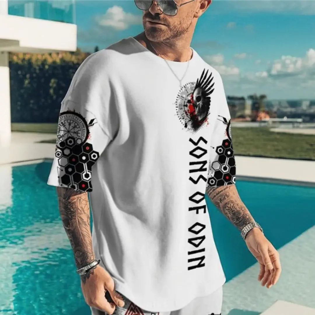 Men Summer T Shirt Shorts 2 Piece Sets Oversized T-shirts Street Tracksuits O Neck Print Sportswear Suits Mesh Men's Clothing