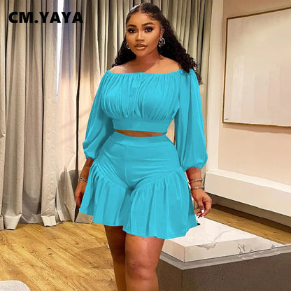 CM.YAYA Plus Size Women's Set Long Sleeve Slash Neck T-Shirt and Shorts  Summer Ruched Two 2 Piece Set Outfits Tracksuit
