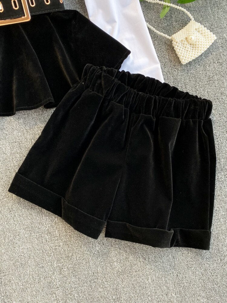 DEAT 2023  Spring Spring Long Sleeve Patchwork Velvet Size Small Tops With Belt High Waist Shorts Two Piece Set Women MH334