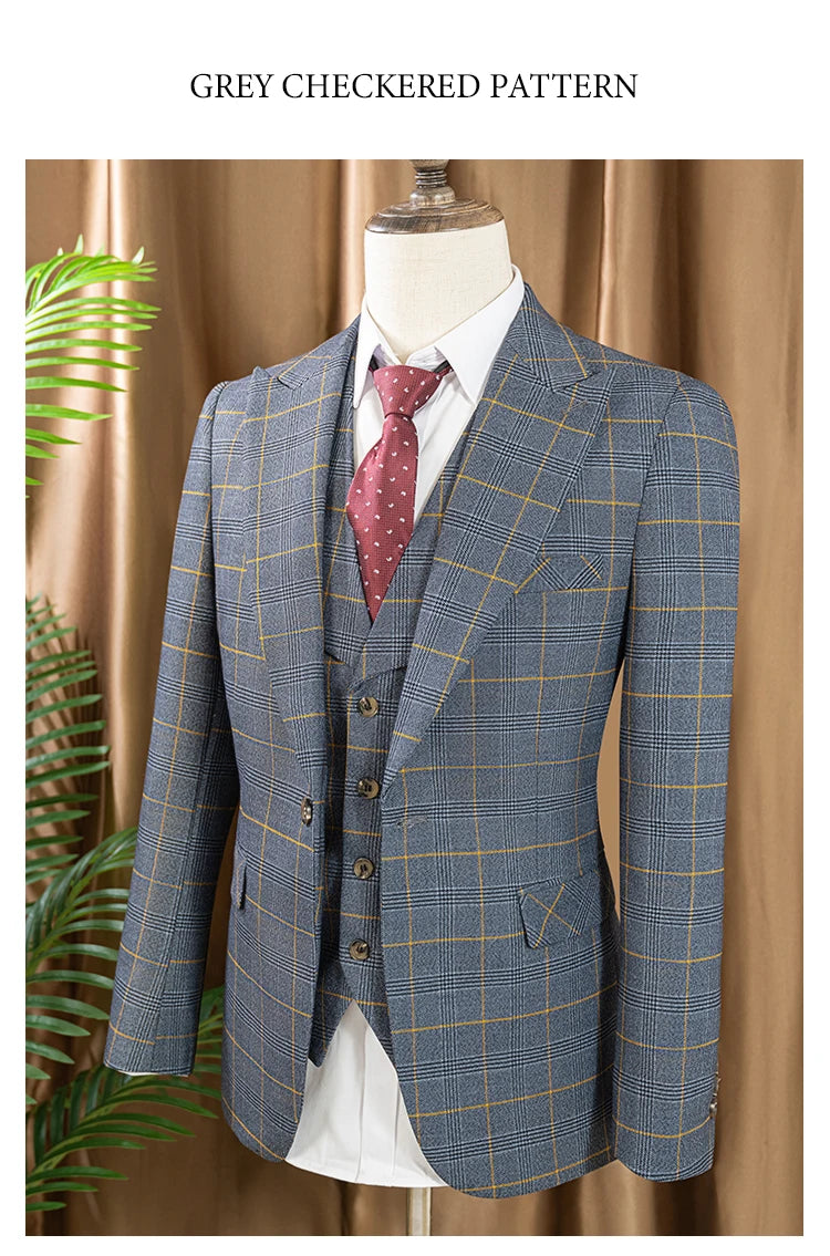 ST Cassy Hochwertiger 3-teiliger karierter Anzug für Herren, stilvolles Business-Büro-Hochzeits-Formelles-Outfit, eleganter Herrenanzug
