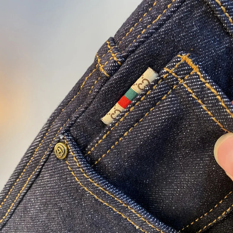 High end light luxury men jeans autumn new item dark blue fashion printed casual straight slim fit cotton washed denim pants