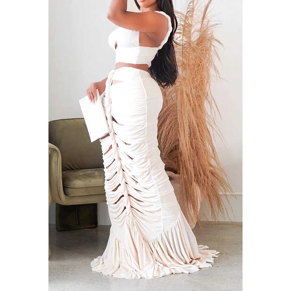 Plus Size White Vacation Zipper Pleated Twisted Fishtail Hollowed Two Piece Crop Top Skirt Sets One Shoulder Tops
