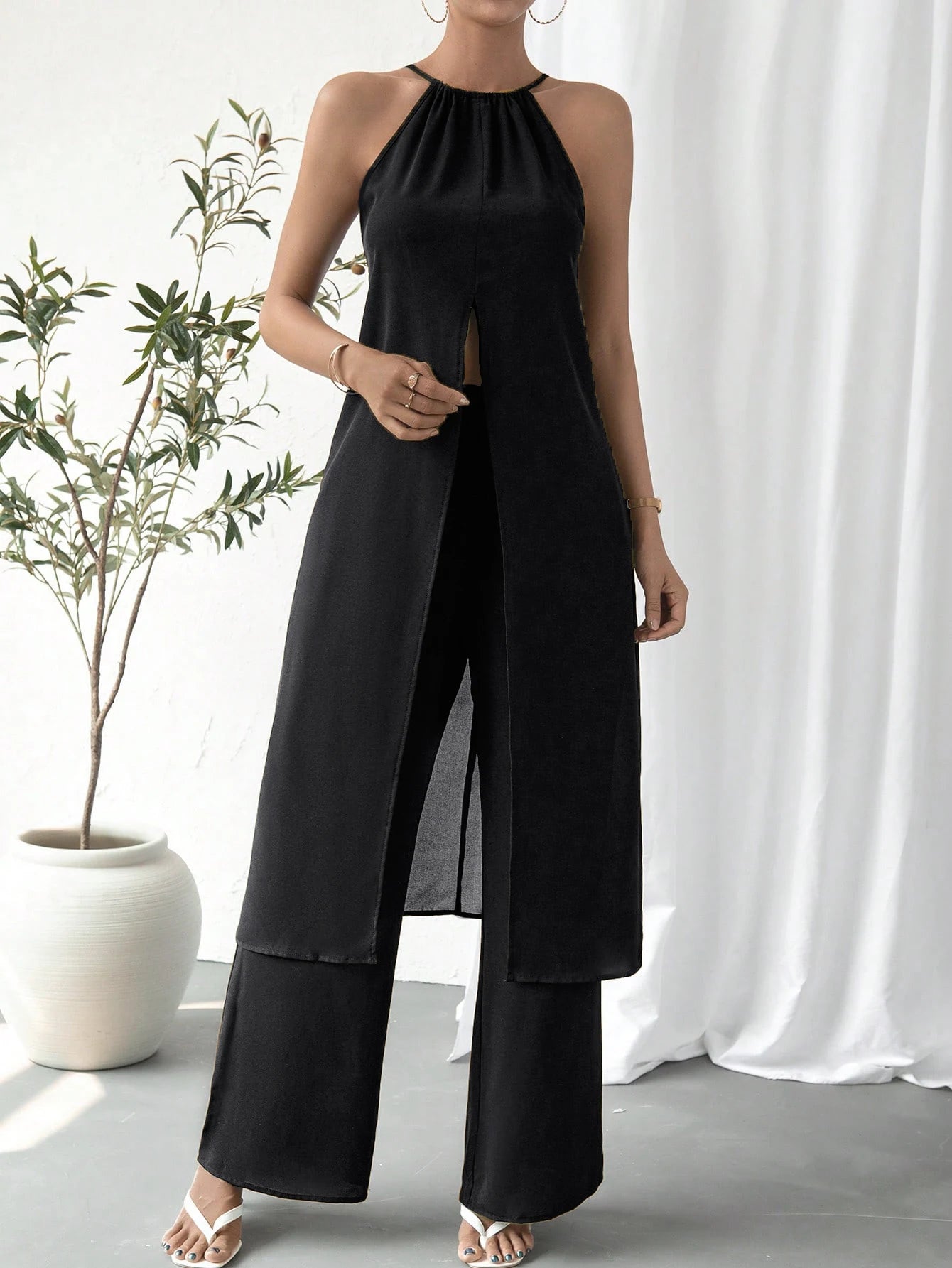 Elegant Casual Solid Color woman Chic Two-Piece Set Strap Design Fashionable Women's Outfit