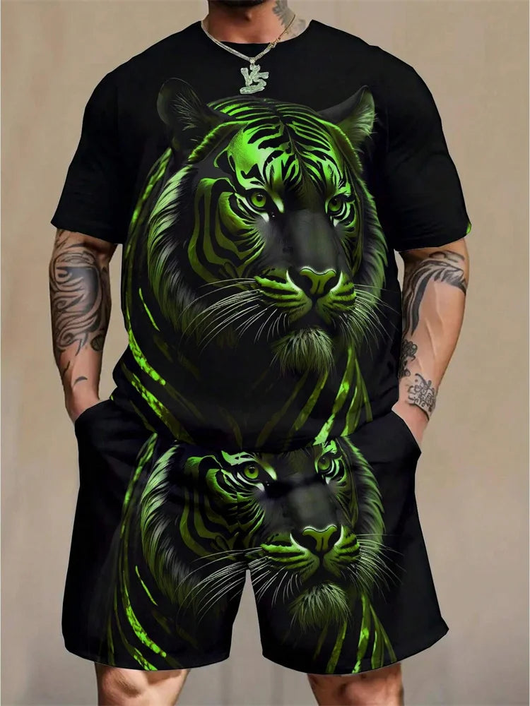 2024 New Crew Neck Short Sleeve T-shirt Fashion Shorts Set 3D Lion Print Short Sleeve Shorts 2-piece Men's Summer Sports Set