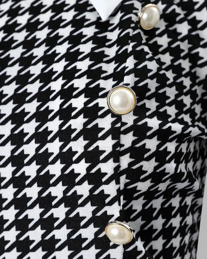 Womens Dresses  Spring Fashion Houndstooth Button Decor Puff Sleeve Ruffle Hem Elegant Turn-Down Collar Daily A Line Dress