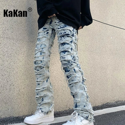 Kakan - New European and American Heavyweight Street Burnout Jeans for Men, High Street Burnout Straight Fit Long Jeans K27-3