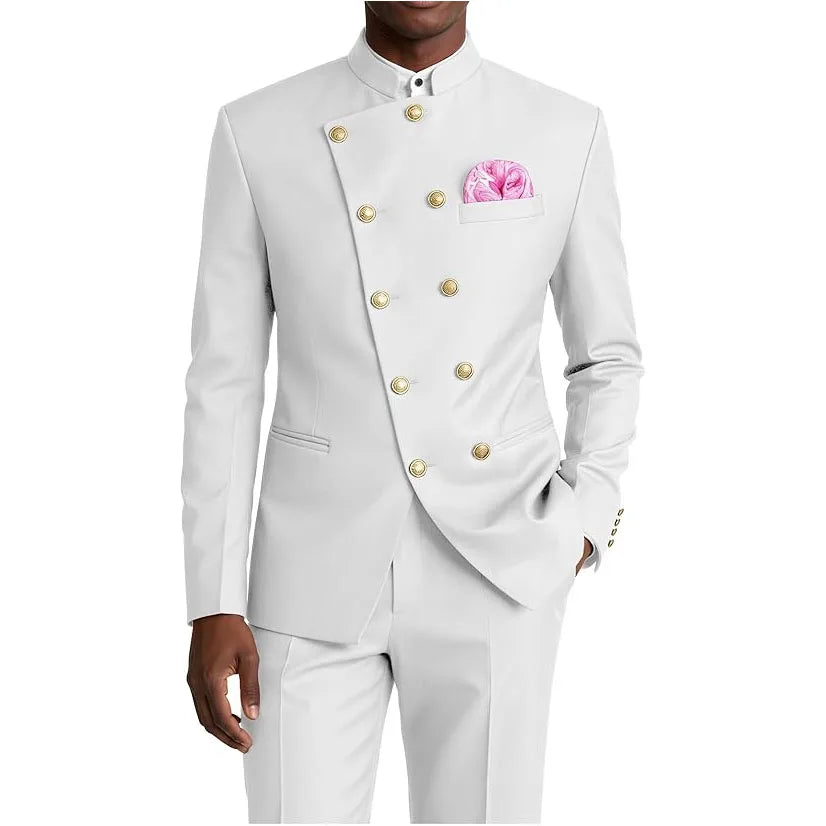 Men's Business Casual Suit 2 Piece Brown Mandarin Collar Double Breasted With Gold Buttons