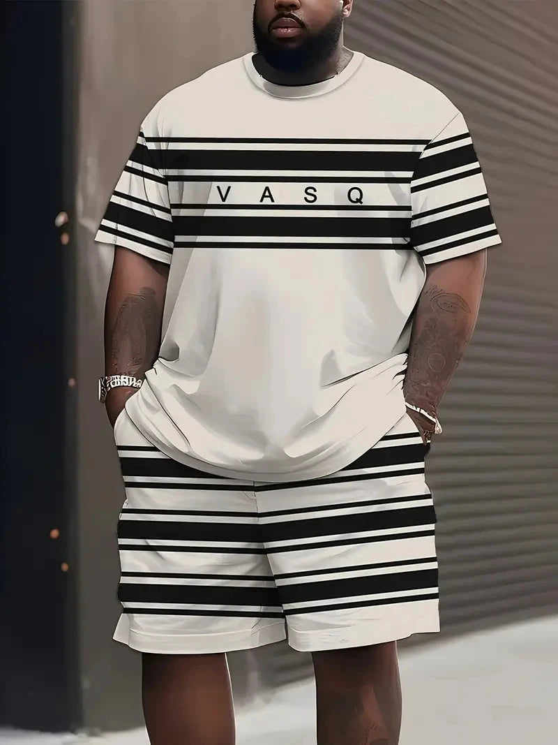 Denim Graphic T-shirt And Shorts 2-piece Set 2025 Plus Size Men's Clothing Casual Loose Drawstring Waist Shorts Short Sleeve Top