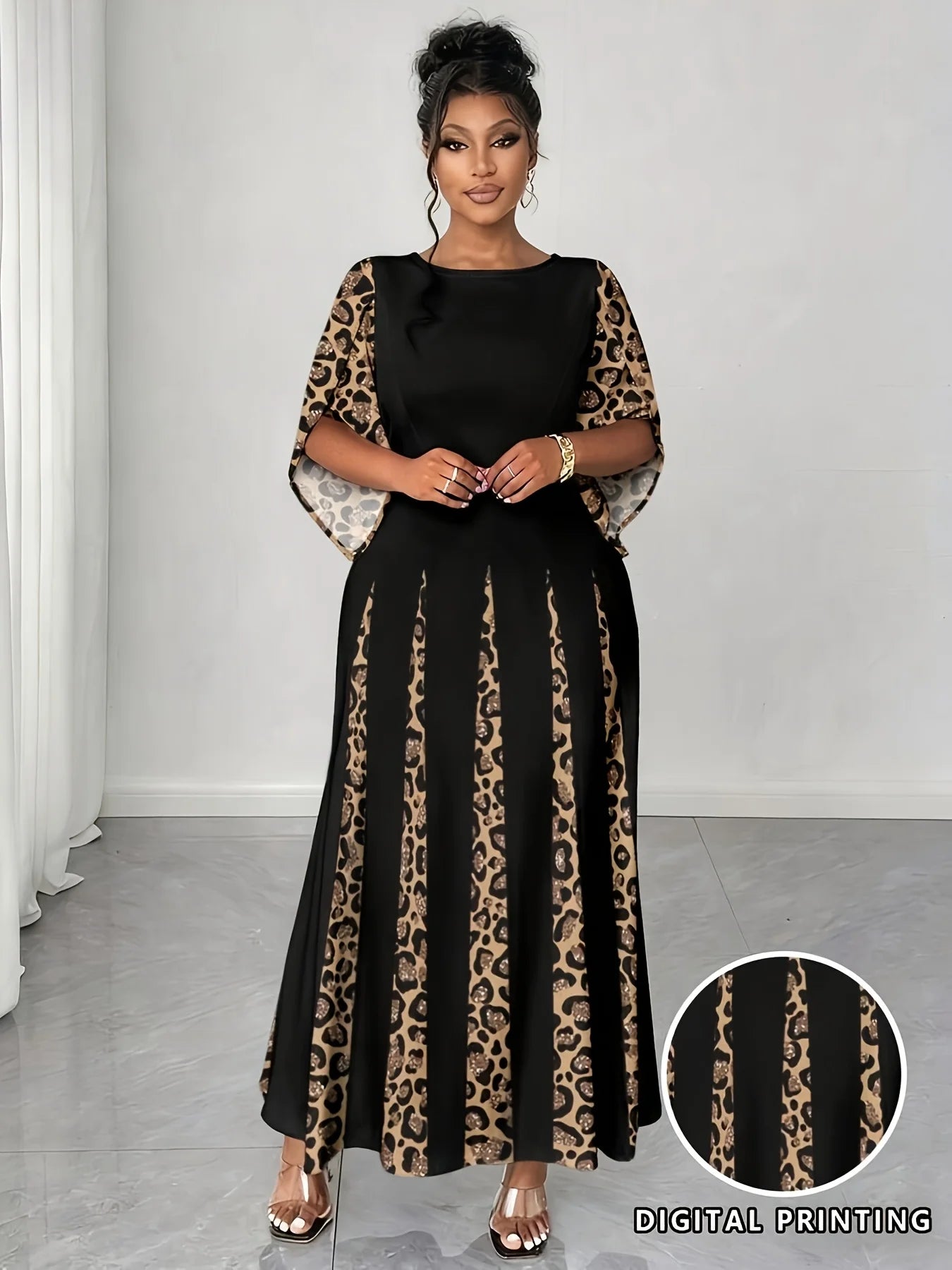 Elegant Leopard Print Maxi Dress, Plus Size Fashionable Long Sleeve Gown, Comfortable & Stylish Women's Clothing