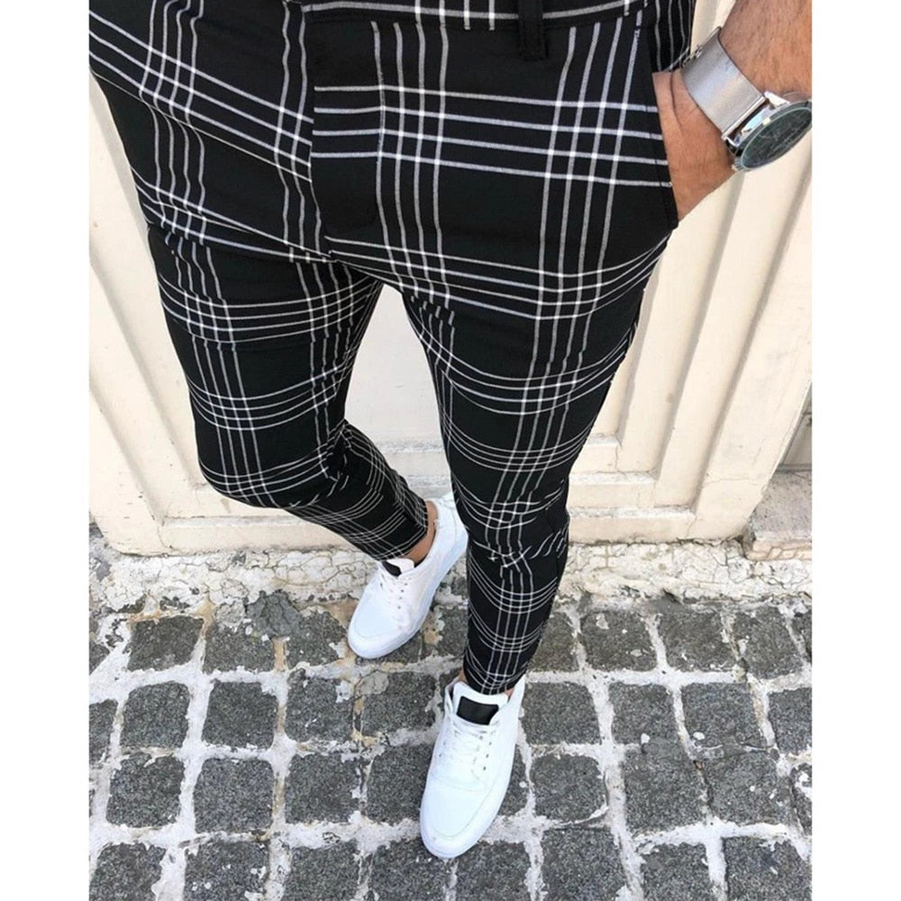 Summer Men&#39;s Casual Pants Plaid Social Stretch Trousers Mid Waist Skinny Business Office Working Party Male Suit Pants Autumn