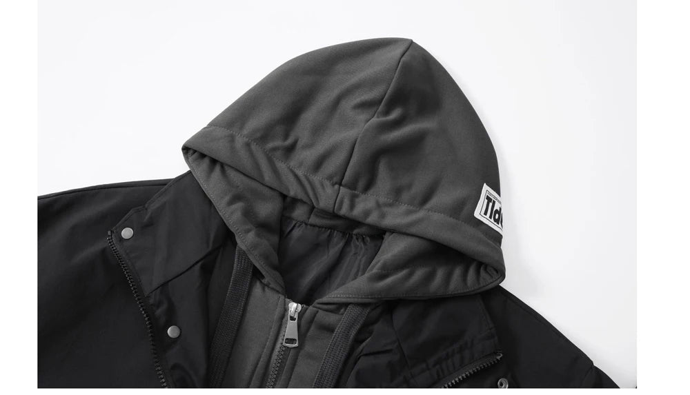 Autumn Winter Men's Bomber Jackets Fashion Men Mock Two-piece Hooded Cardigan Coats Men Windbreaker Loose Baseball Jackets 4XL