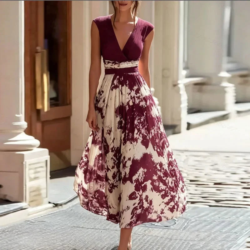 Women Sleeveless Print Maxi Dress Deep V Neck Pleated High Waist Flowy A Line Dress Summer Bohemian Beach Wedding Casual Dresses