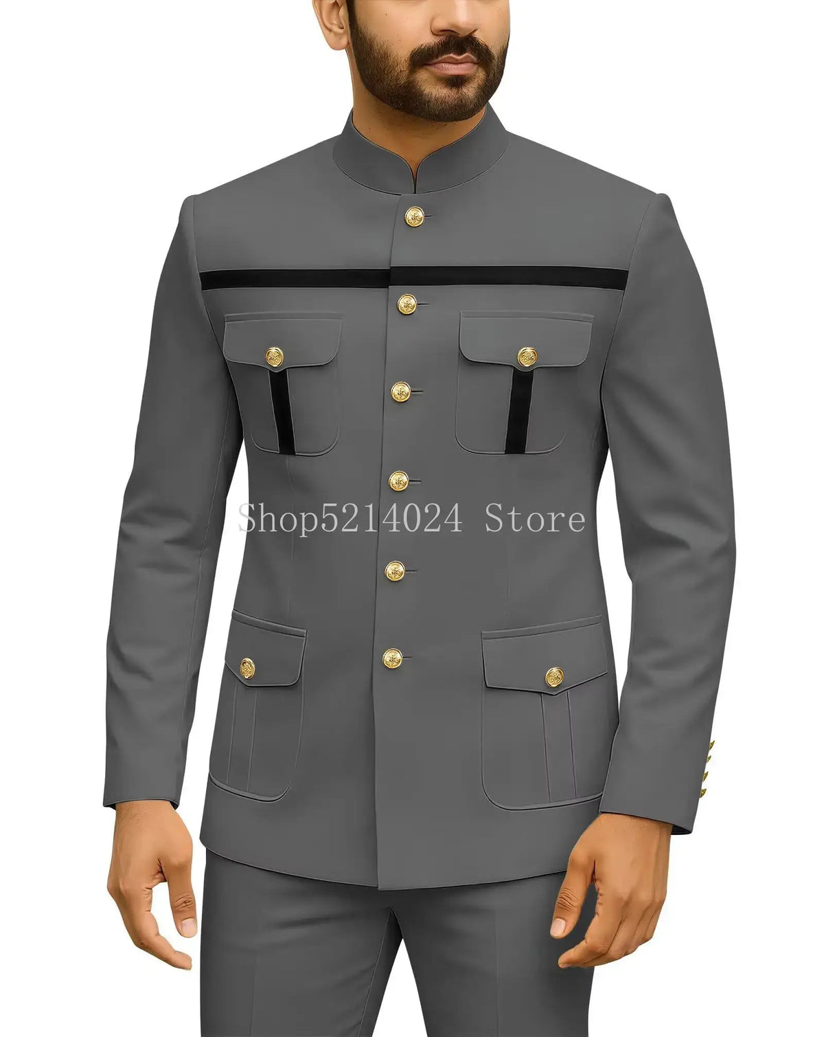 Herren Safari-Anzug 2-teilig Regular Fit Chinakragen Goldknopf Blazer Hose Set Afrikanische Outfits