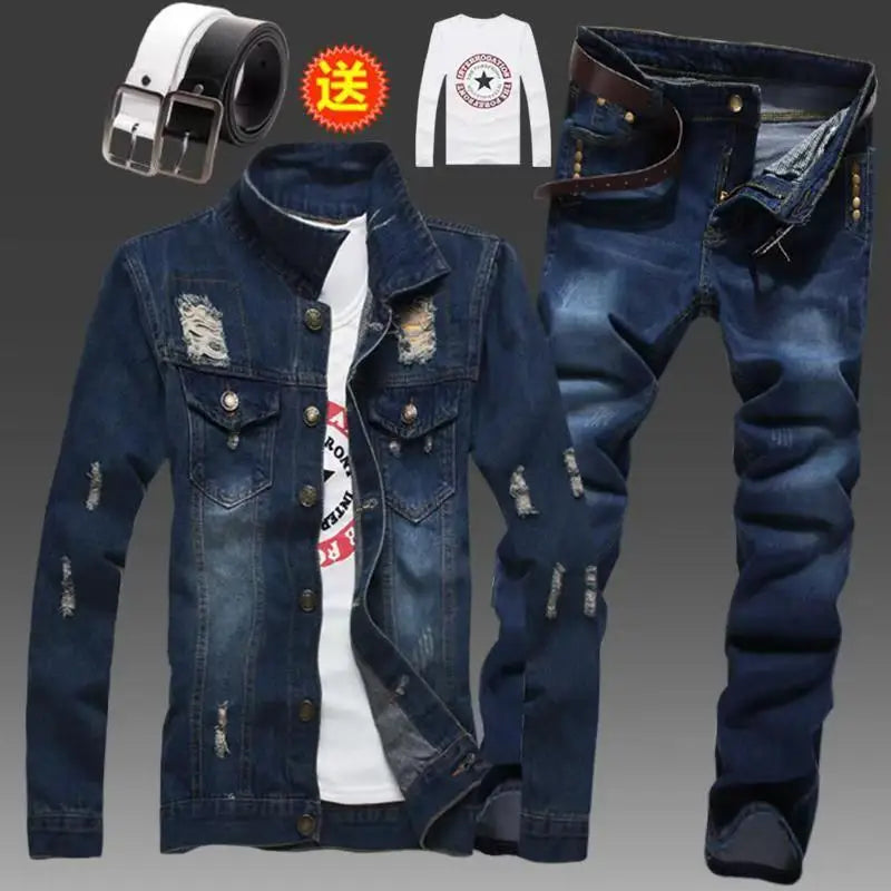 Men's Slim Fit Denim Jacket Pants 2pcs Set Long Sleeve Coats Letters Printed Casual Large Size Black White Red Boys Trousers
