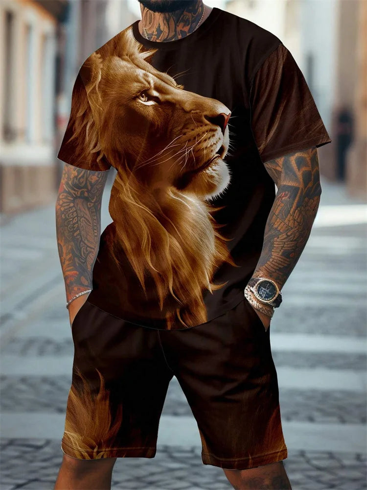 2024 New Crew Neck Short Sleeve T-shirt Fashion Shorts Set 3D Lion Print Short Sleeve Shorts 2-piece Men's Summer Sports Set