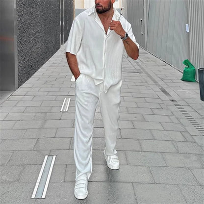White Men Pants Set Lapel Button-up Short Sleeve Shirt + Long Pants Casual Beach Outfits Men's Clothing New Two Piece Tracksuit
