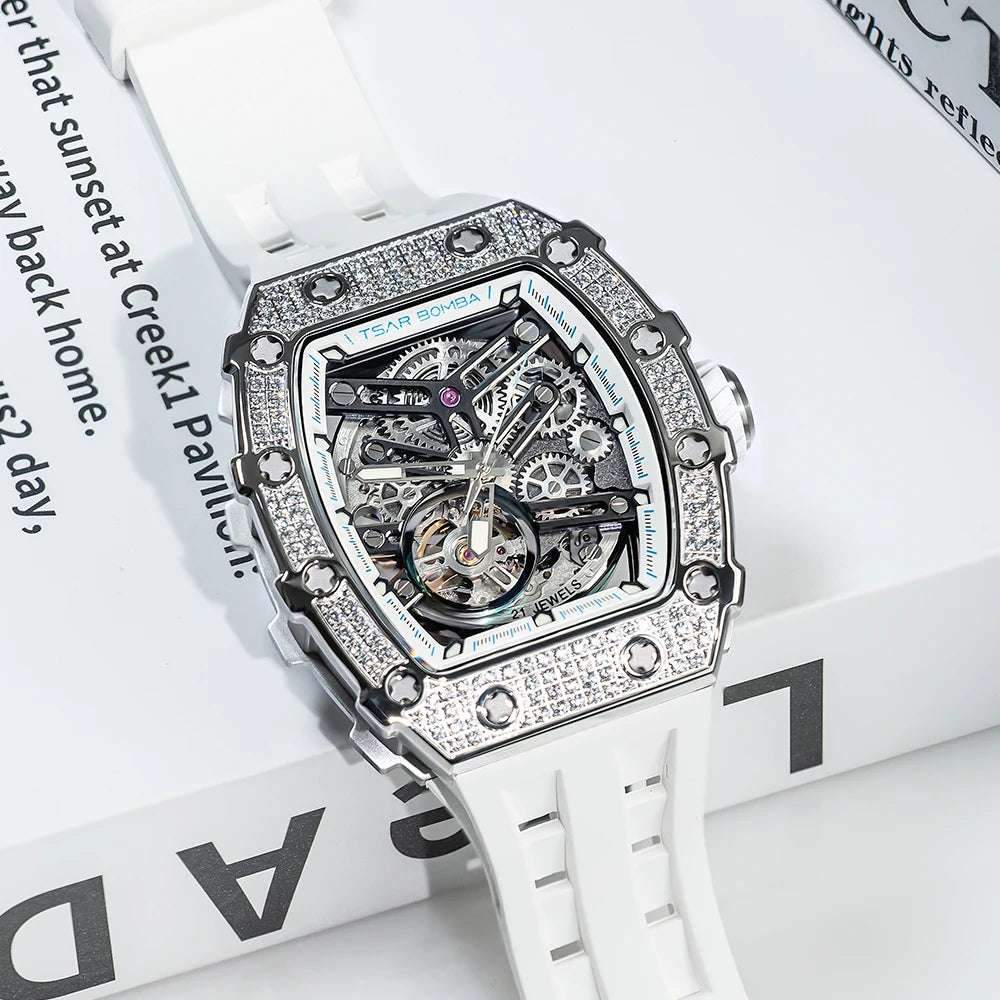 TSAR BOMBA Diamond Automatic Mens Watch Luxury Mechanical Watch for Men Sapphire White Wristwatch Waterproof Skeleton Clock