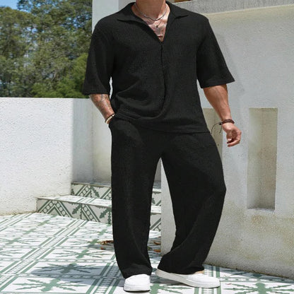 New Spring summer Men's retro casual suit collar solid color half-sleeved shirt loose drawstring pants Two-piece beach Suit