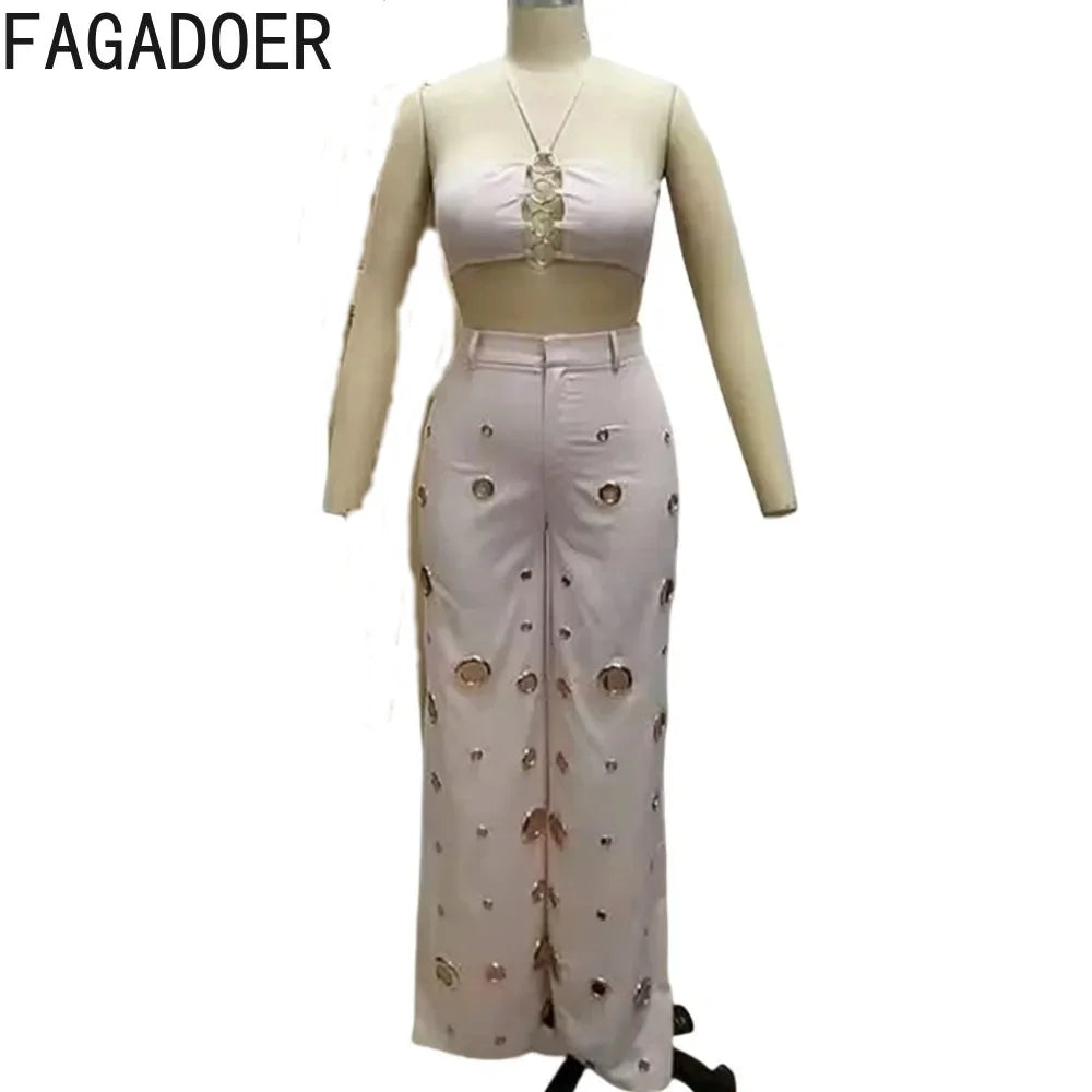 FAGADOER Sexy Solid Hole Wide Leg Pants Streetwear Women Halter Sleeveless Backless Crop Top And Pants Two Piece Sets Outfits