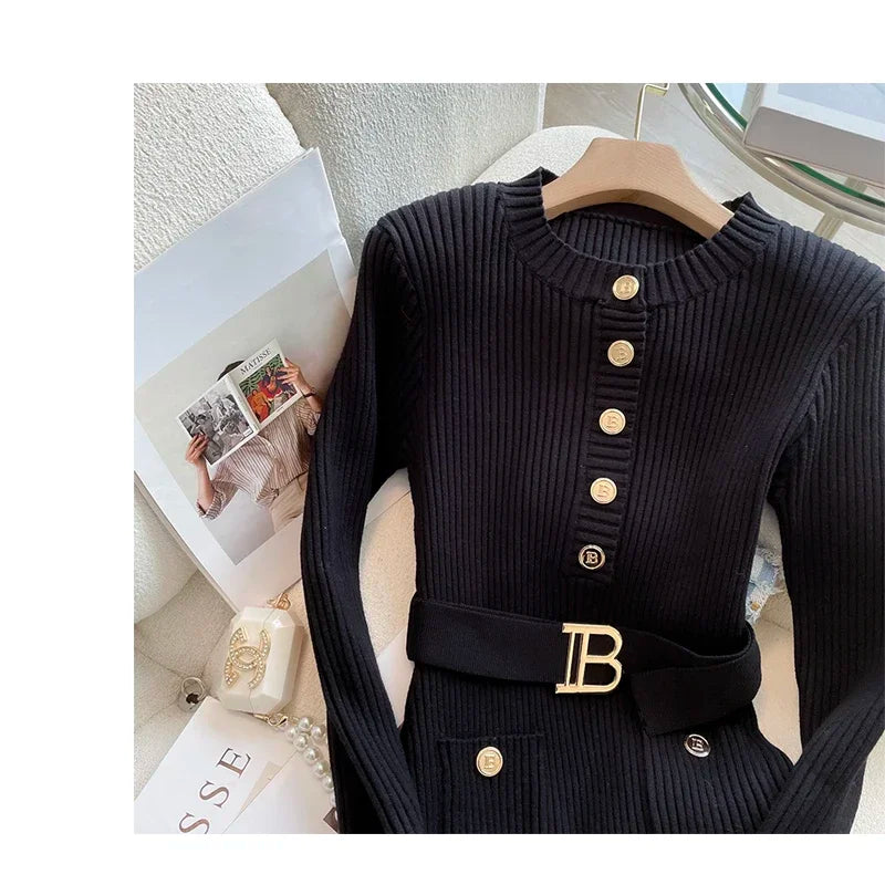 2024 New Autumn Winter Women Knitted Dress Brand Fashion O-neck Buttons Bodycon Sweater Dress with Belt Lady Office Dress