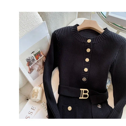 New Autumn Winter Women Knitted Dress Brand Fashion O-neck Buttons Bodycon Sweater Dress with Belt Lady Office Dress