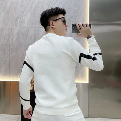 Men's Fashion Trend Zipper Patchwork Contrast Color T-shirt Spring Autumn Casual Loose Long Sleeve Pullovers Tops Male Clothes