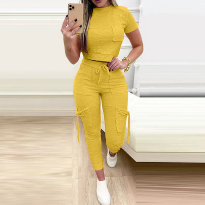 Tight Solid Color Two Piece Set Women Cropped T Shirt Slim Long Pants Pocket Ladies Sets  Spring Summer Sportswear